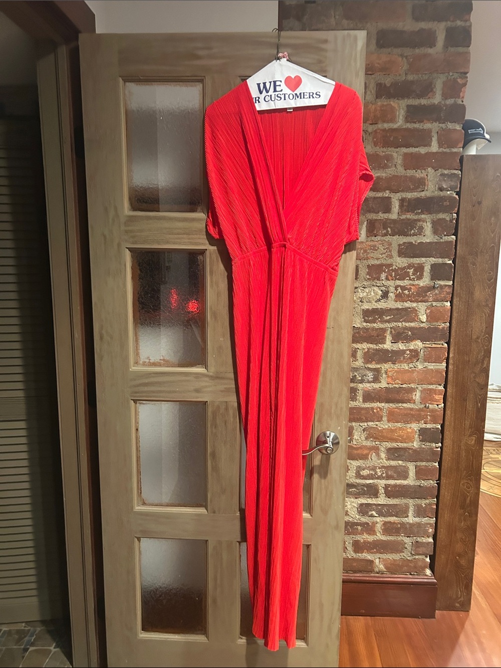 Bright Red Pleated Maxi Jumpsuit with V-Neck